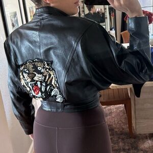TAN CHHO Genuine Leather Jacket with w/ Sequin Jaguar